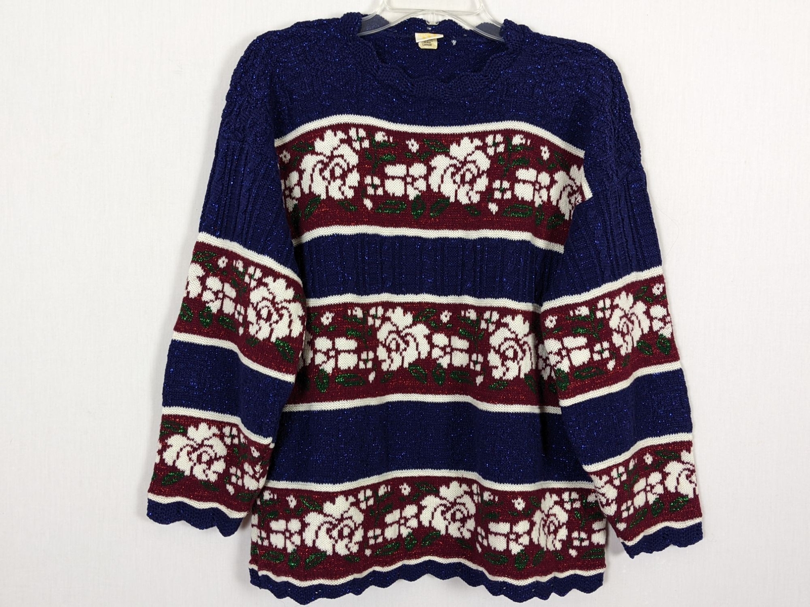 Vintage Holiday Time long sleeve floral striped glittery sweater sz L