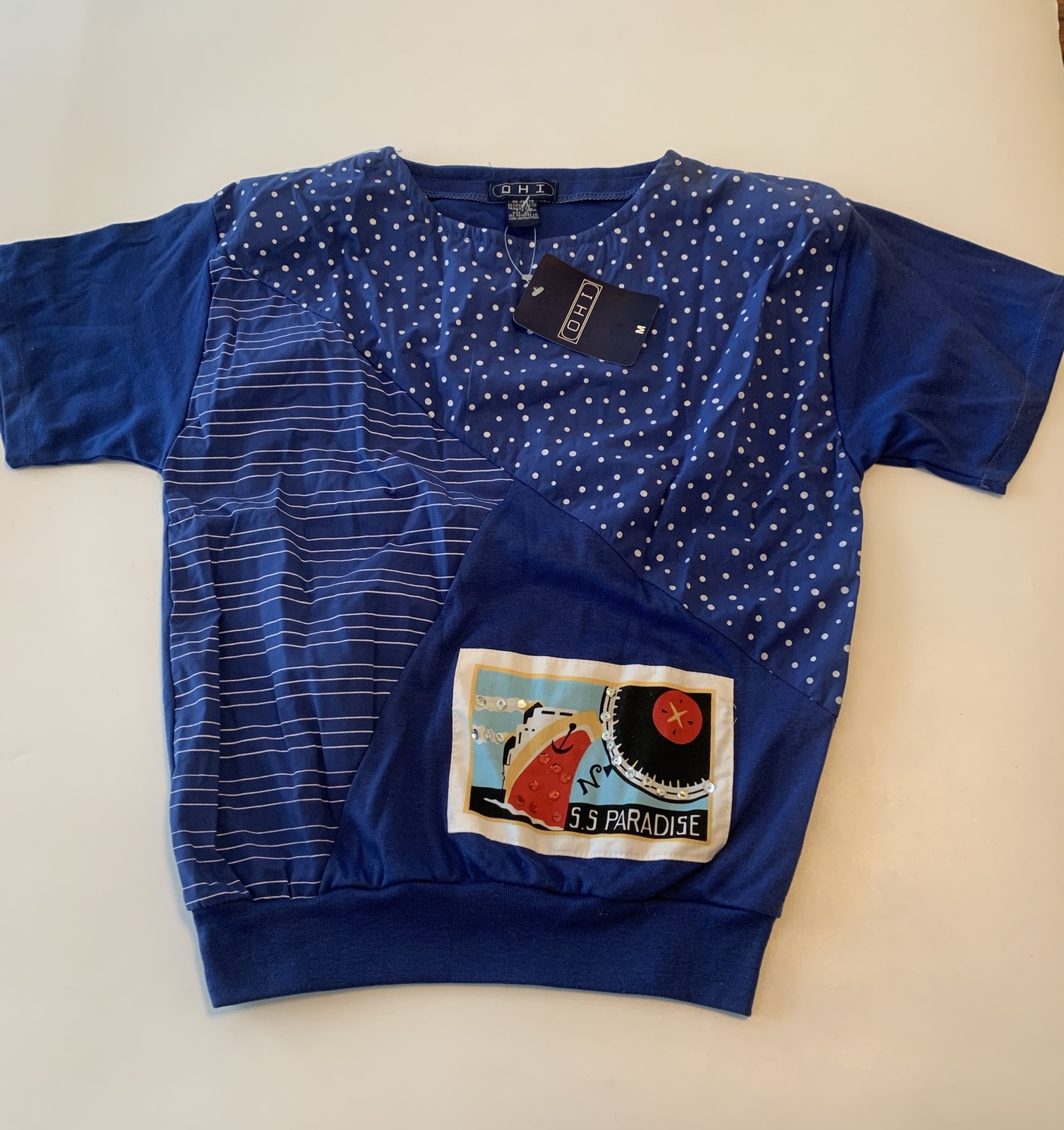 VTG 90s T-shirt Graphic Art Boat Sailing Patch Whimsy Cruise Wear Travel USA M
