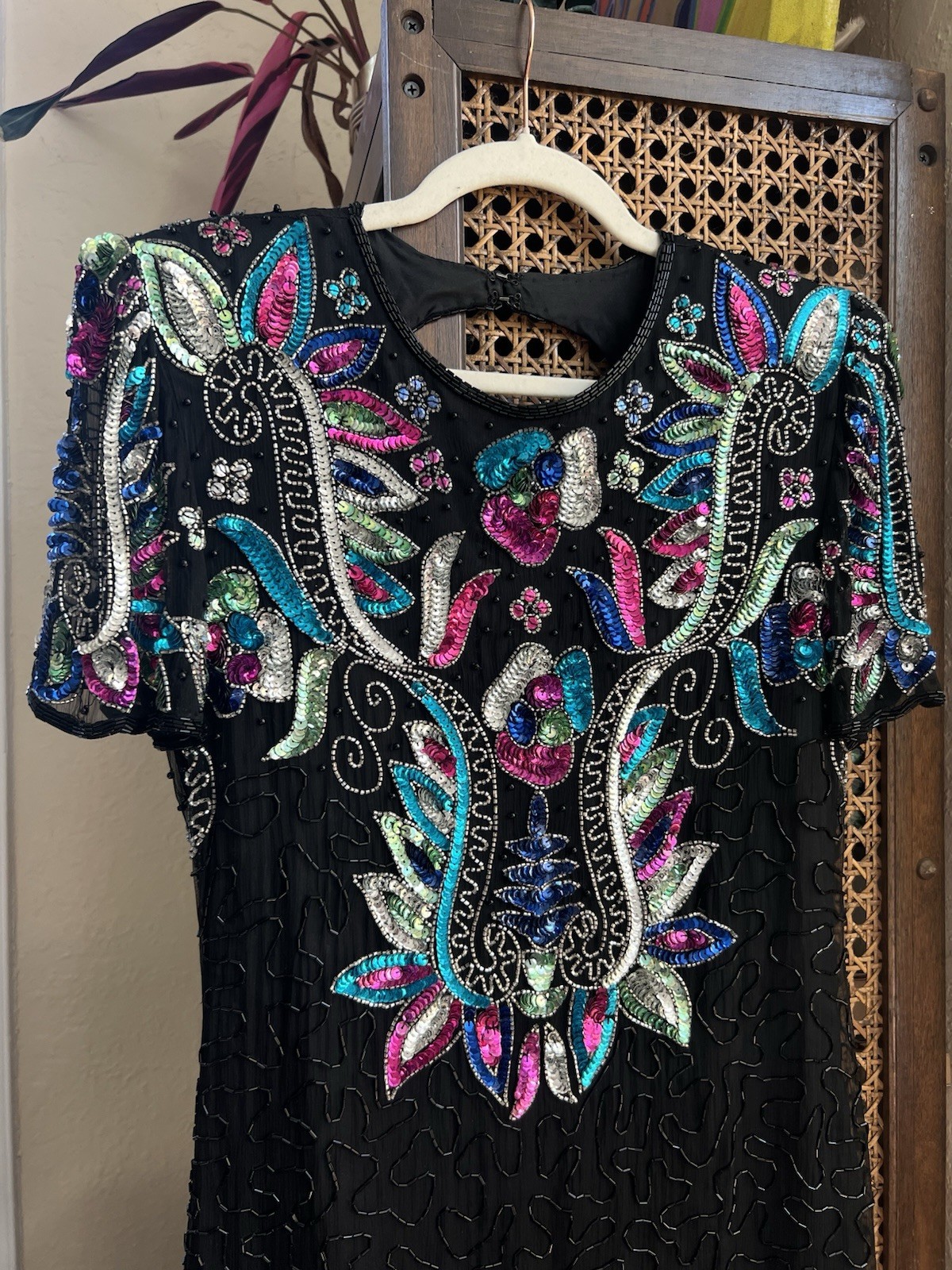 SWEELO Vintage Art Deco 1980’s Beaded Sequin Cocktail Flapper Dress Size M