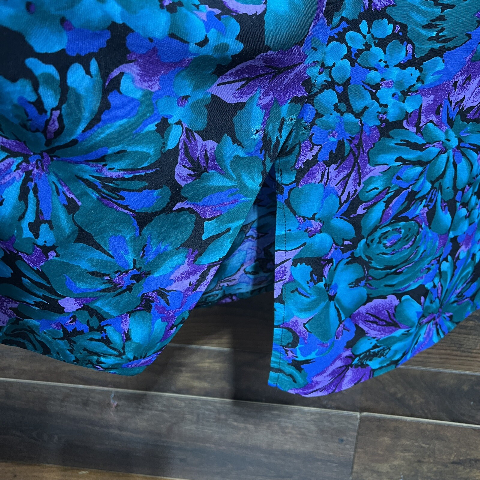 Sally III Vgt Dress 1980 Size 24 Black Teal Purple Floral Rayon Button Front