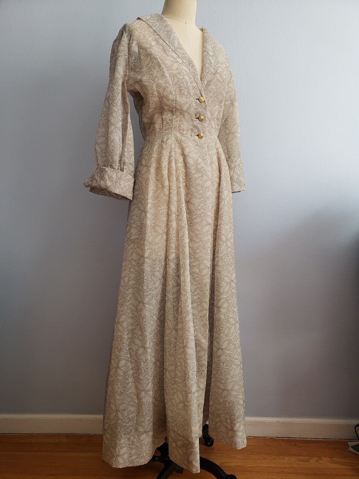Vintage By Peer Lace Print Organza Peignoir Negligee Robe Small See Measurements