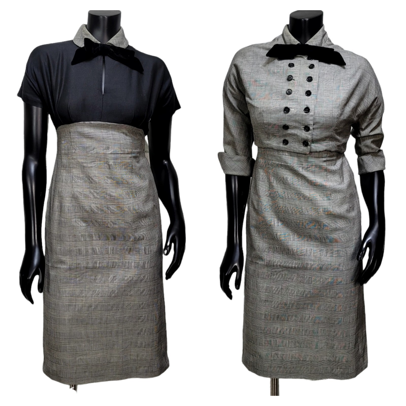 vintage 50s Pat Hartly Houndstooth Plaid Pencil Dress Bolero Set Keyhole Bow