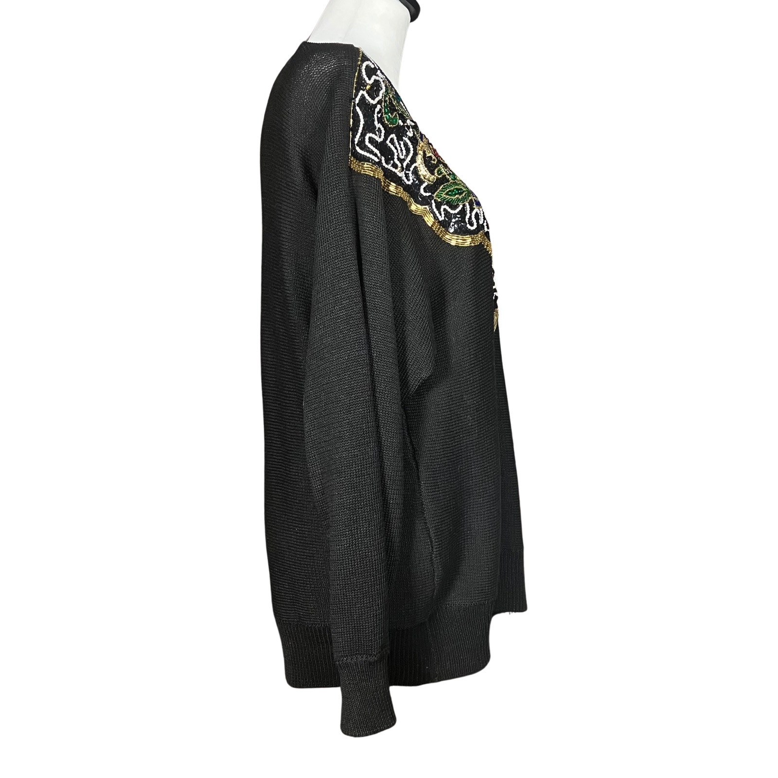 Vintage 80s Heavily Beaded Sequin Sweater. M/L. Black, Colorful, Gold Maximalism
