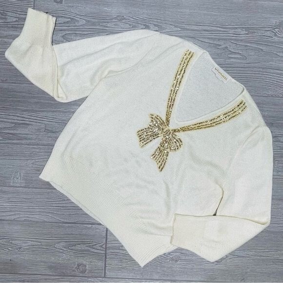 Vintage vivanti white and gold beaded 40s Style Gold Bow Sweater shirt medium