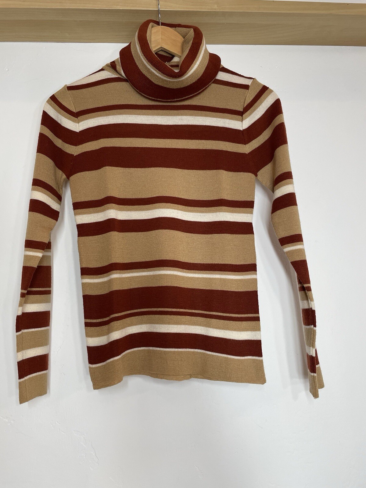 VTG 70s Knit Top Stripe Turtle Neck SZ M Wool Acrylic Full Fashion (SEE HOLE