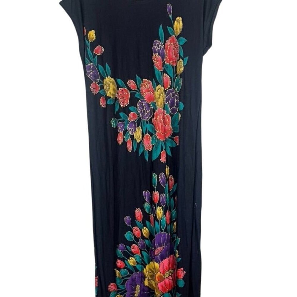 Retro Metallic Floral Maxi Dress Black S Boho Indie Folk Preppy Artsy Classic