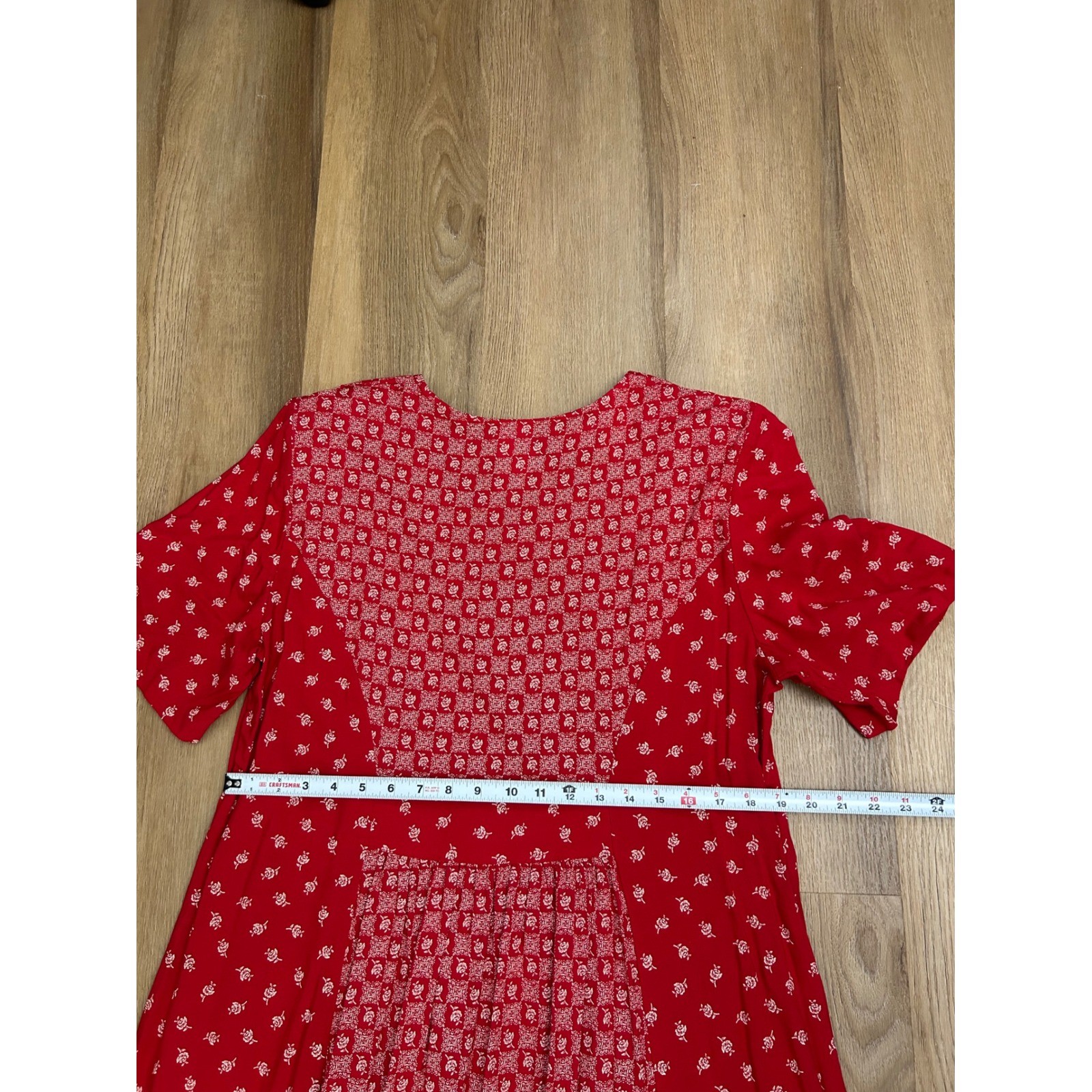 Vintage Red Floral Rayon Cottagecore Fit Flare Dress 16 housedress