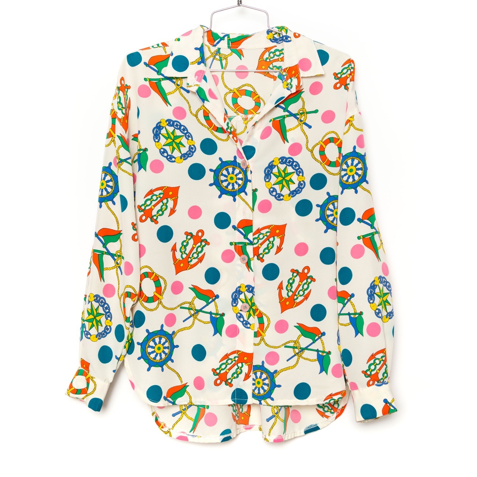 Vintage Nautical Anchor Print Blouse Multicolor Polka Dots, Approx. S M