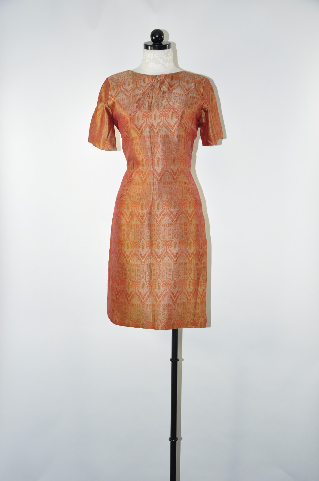 60s Vintage Copper Rust Brown Silk Ikat Short Sleeve Wiggle Dress Women S M