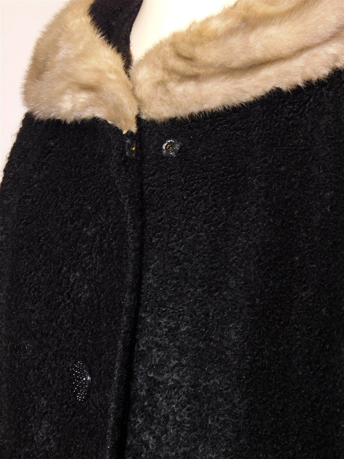 Vintage 1950s Women’s Gothic Black Mink Fur Collar Curly Lambswool Coat Jacket