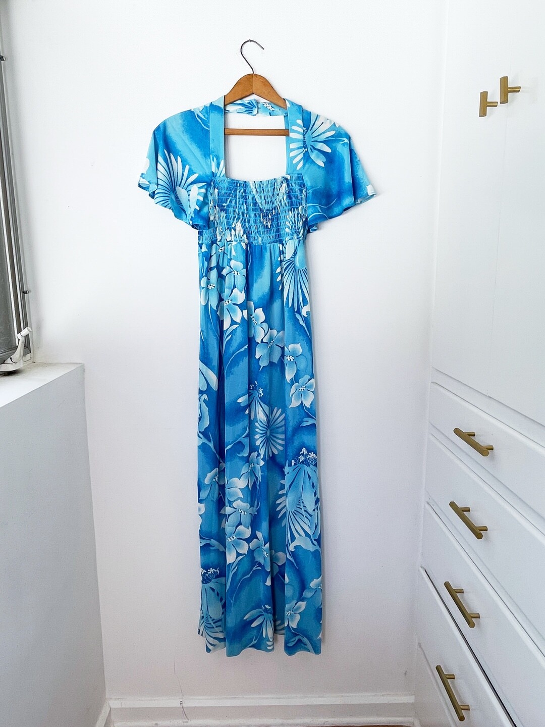Vintage 70’s Young Hawaii Mark Christopher Blue Floral Maxi Dress Size Small