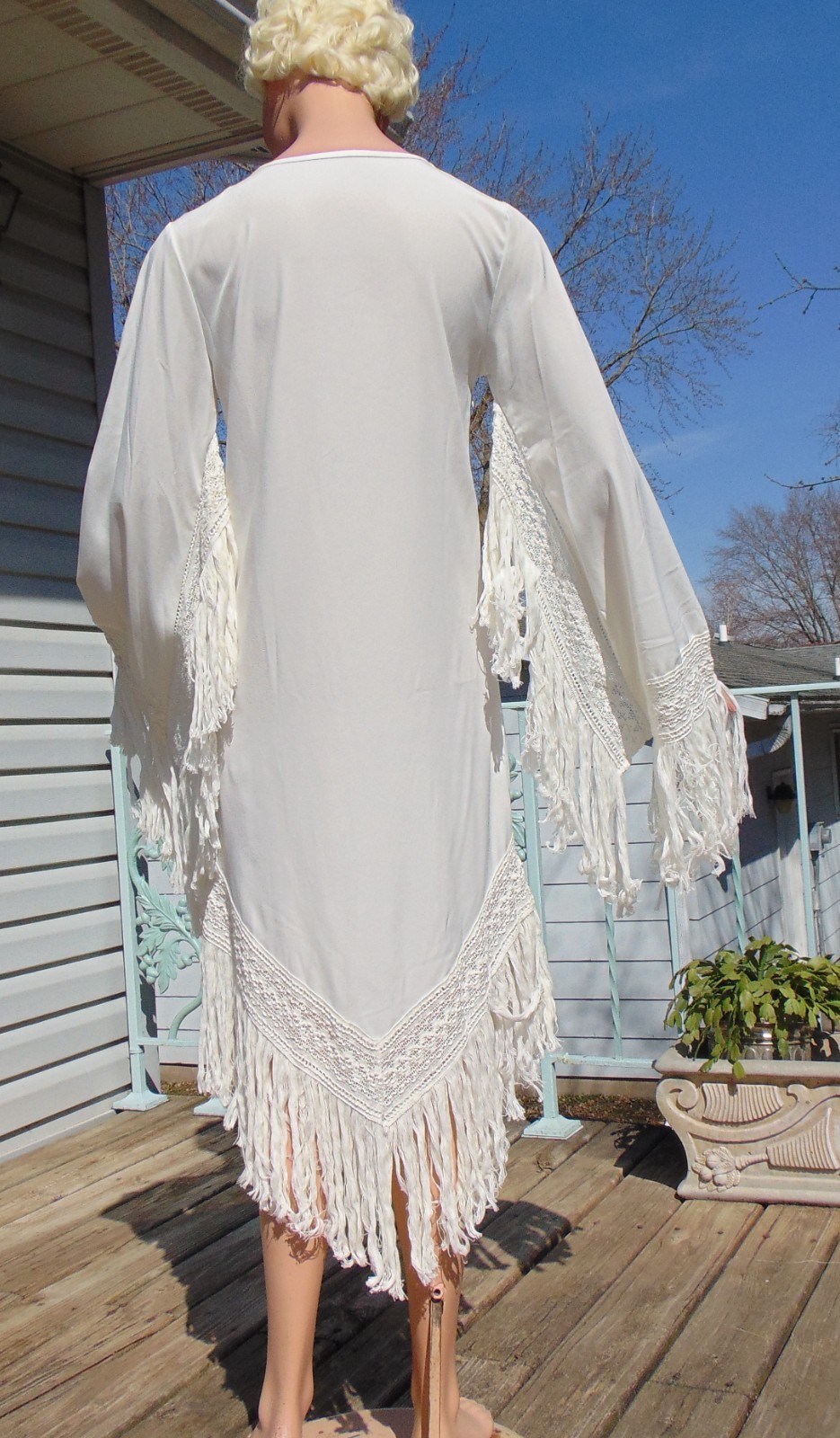 Vtg Rachel Welch Replica Iconic Embroidered Peacock Fringe Hippie Dress