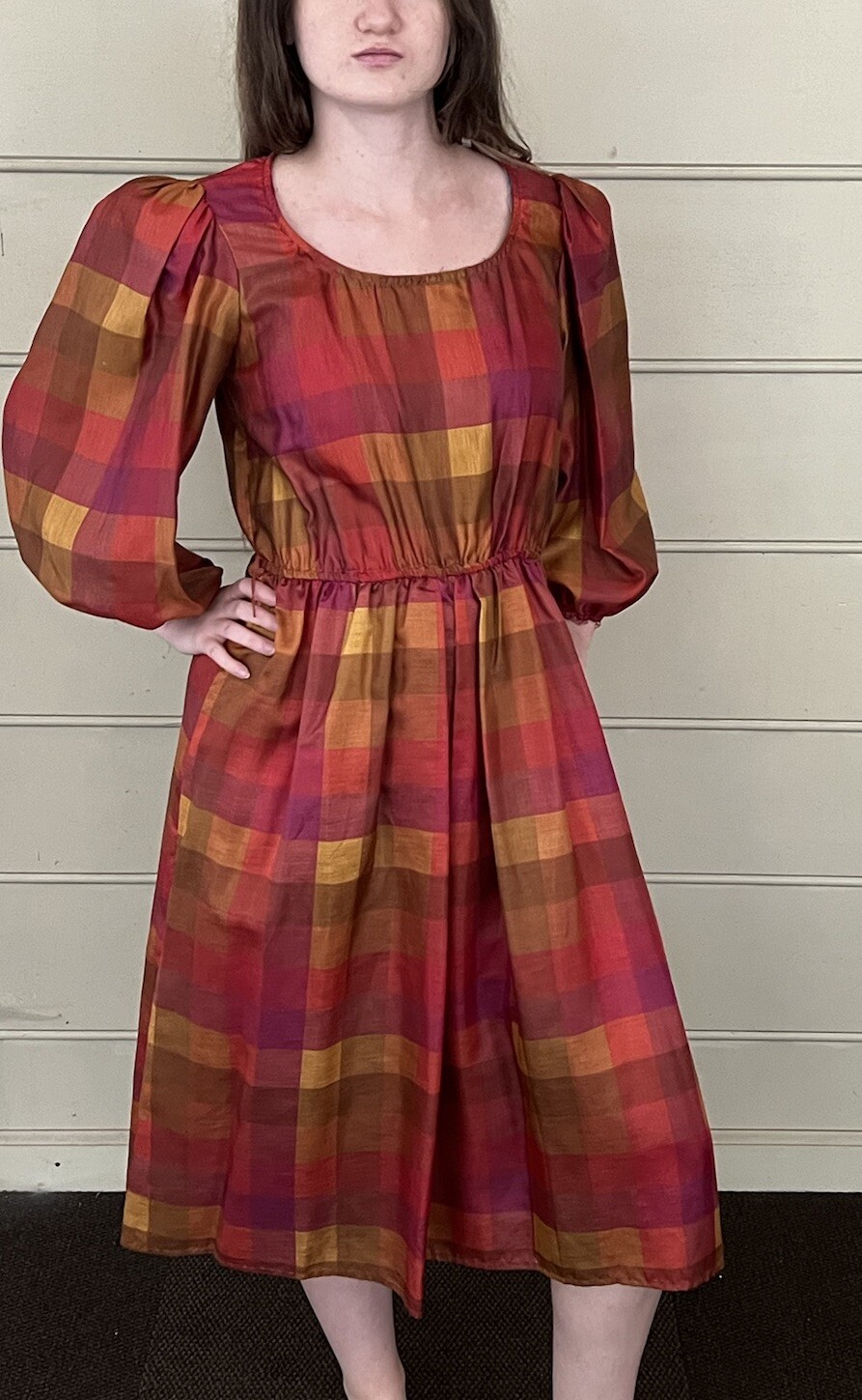 Vintage Donna Morgan For Non Stop Burgundy & Gold Plaid Dress Size Small