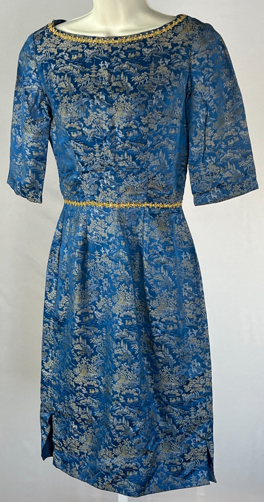 Vintage 50s Gold Jacquard Brocade Dress Womens S Blue Cocktail Talon Zip