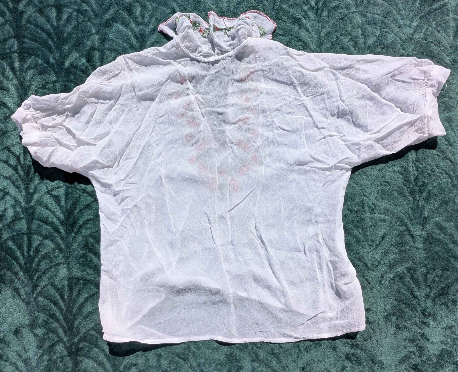 Vintage 70s Hippie Boho Sheer White Cross Stitch Floral Embroidered Tunic Top