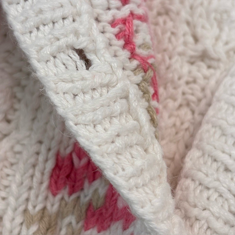 Vintage Cottage-core 80’s White Pink Floral Hand Knit Granny Cardigan Sweater