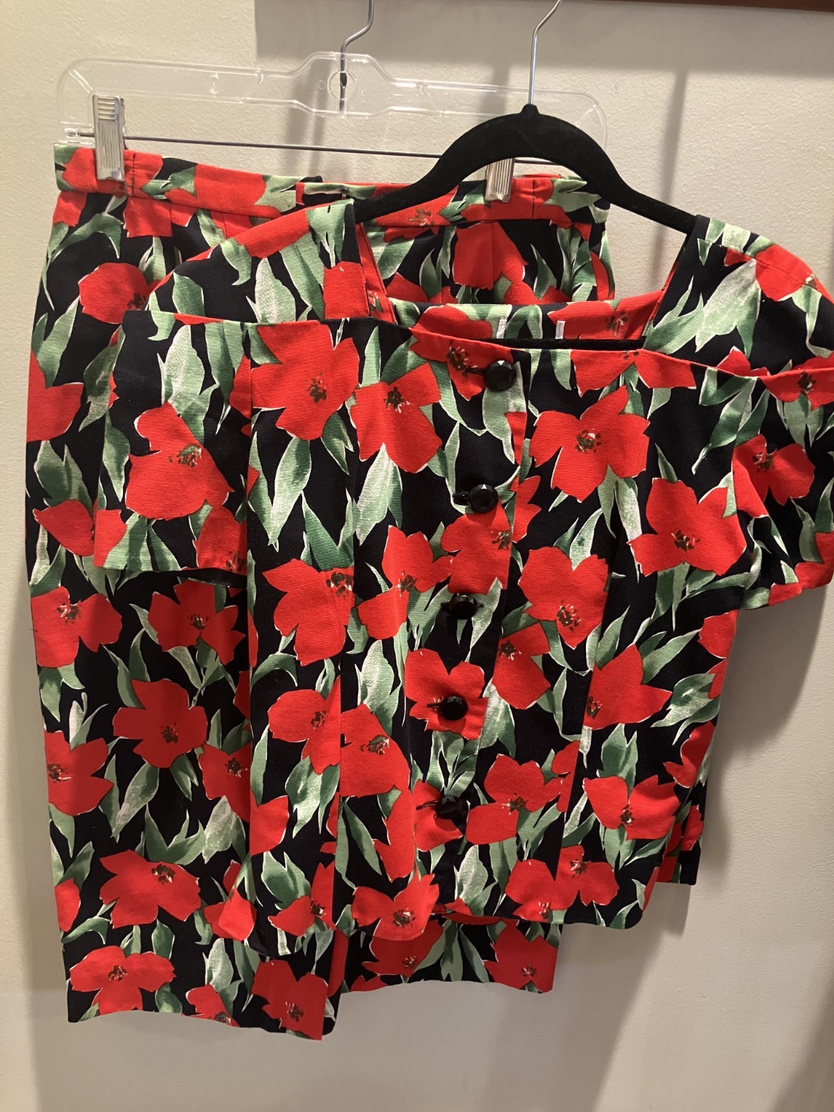 Vintage 90’s Two Piece Set (Top and 3/4 Length Skirt) Red Floral
