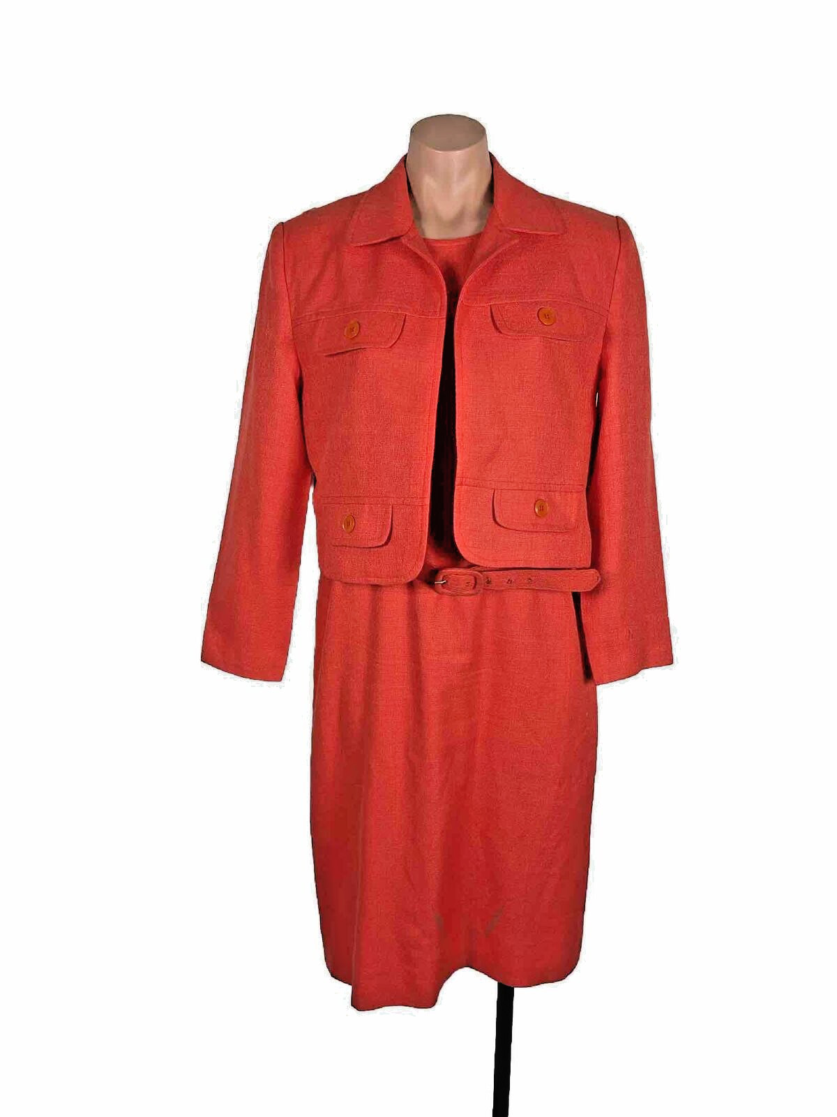 Henry Lee Dress Suit Sz 8 Petite, Coral Orange, made in USA, vintage 90’s Belted
