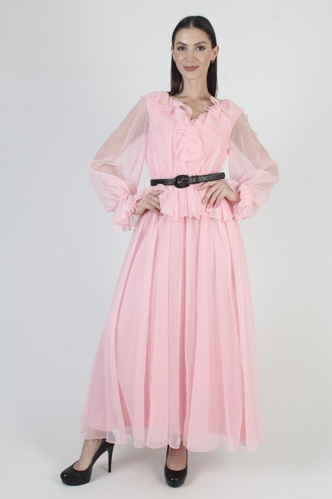 Vintage Cotton Candy Pink Chiffon Dress Sheer Slv Ruffle Party Peplum Maxi Gown