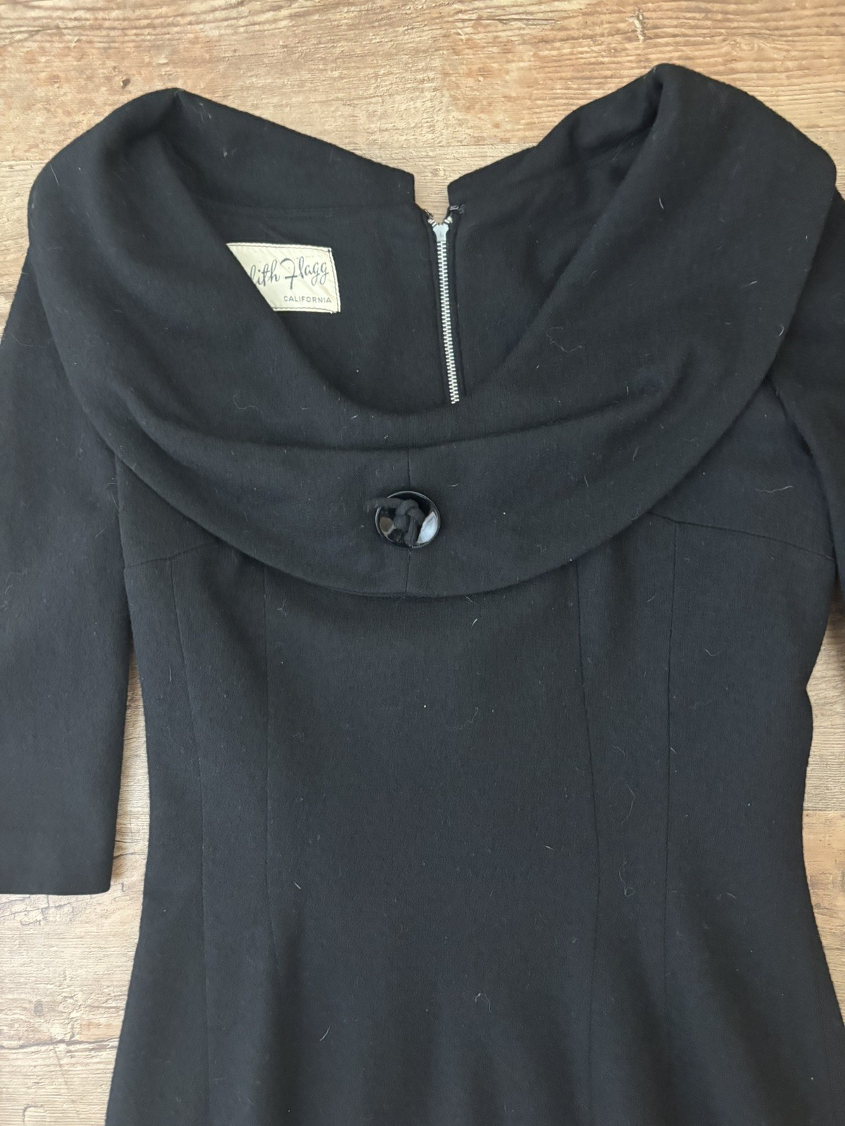 1960s Double Knit Dress Edith Flagg California Black Wool Retro Mod A Line Med