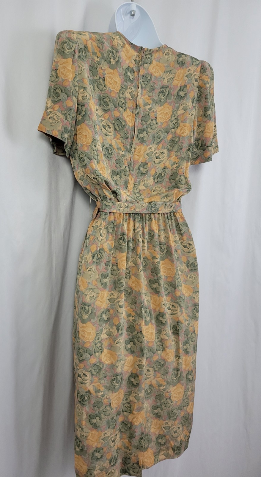 Vintage Taurus II Muted Green & Gold Floral Blouson Dress w Belt Size 4