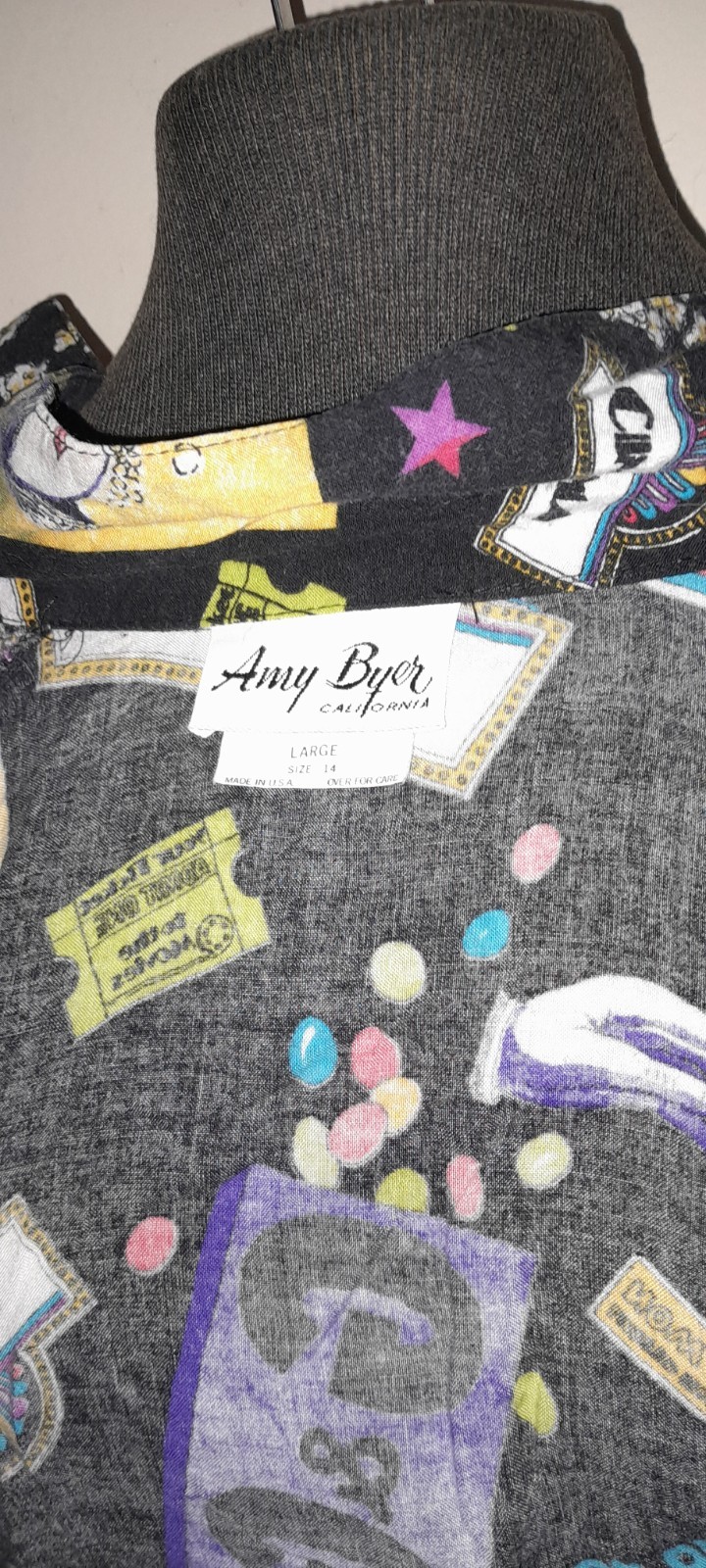 Vtg 80s 90s Movie Amy Byer RARE Cinema Noir Popcorn Print Sheer Sleeve Blouse XS