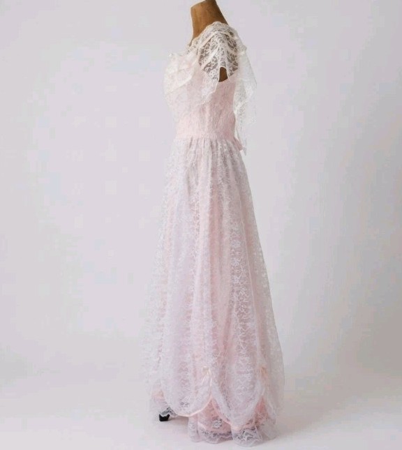 Vintage Union Made Lace Dress Gown Pink White Bows Victorian Prairie 70s 80s