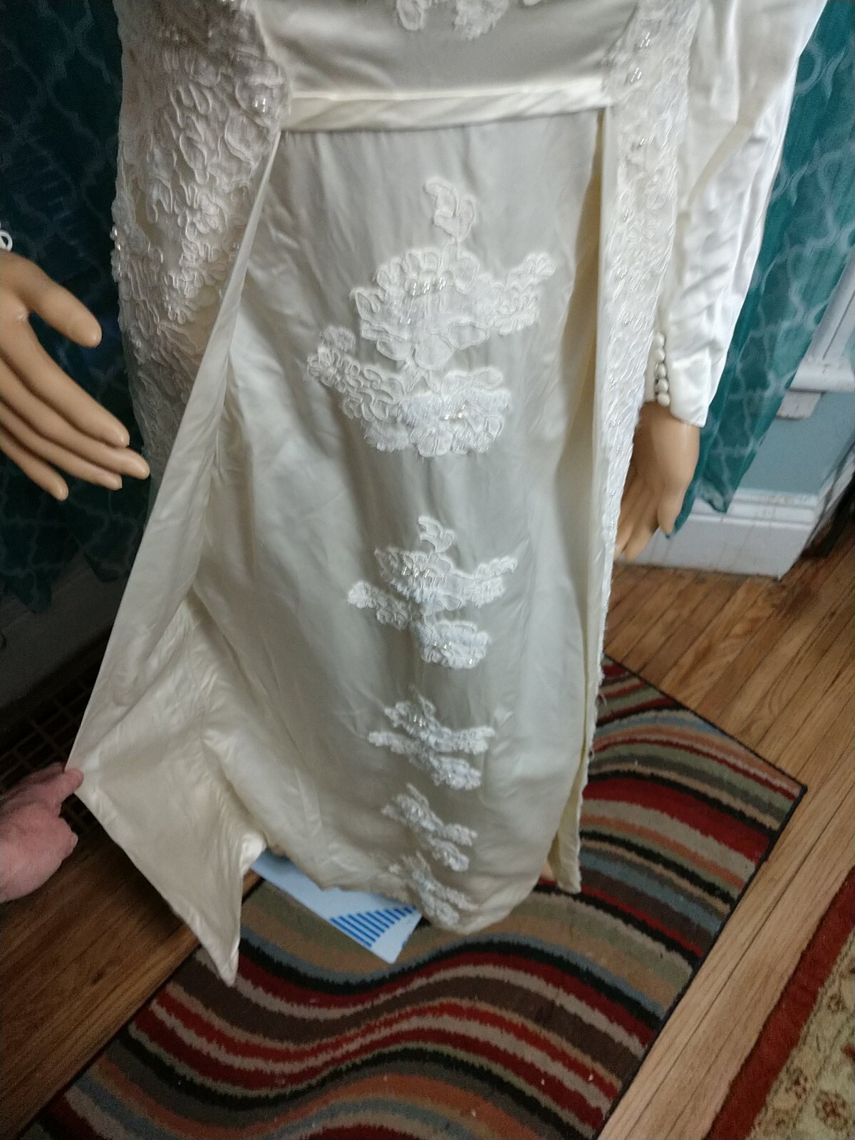 Vintage 1960’s Juliet champagne Satin Wedding gown Long Sleeves Empire waist
