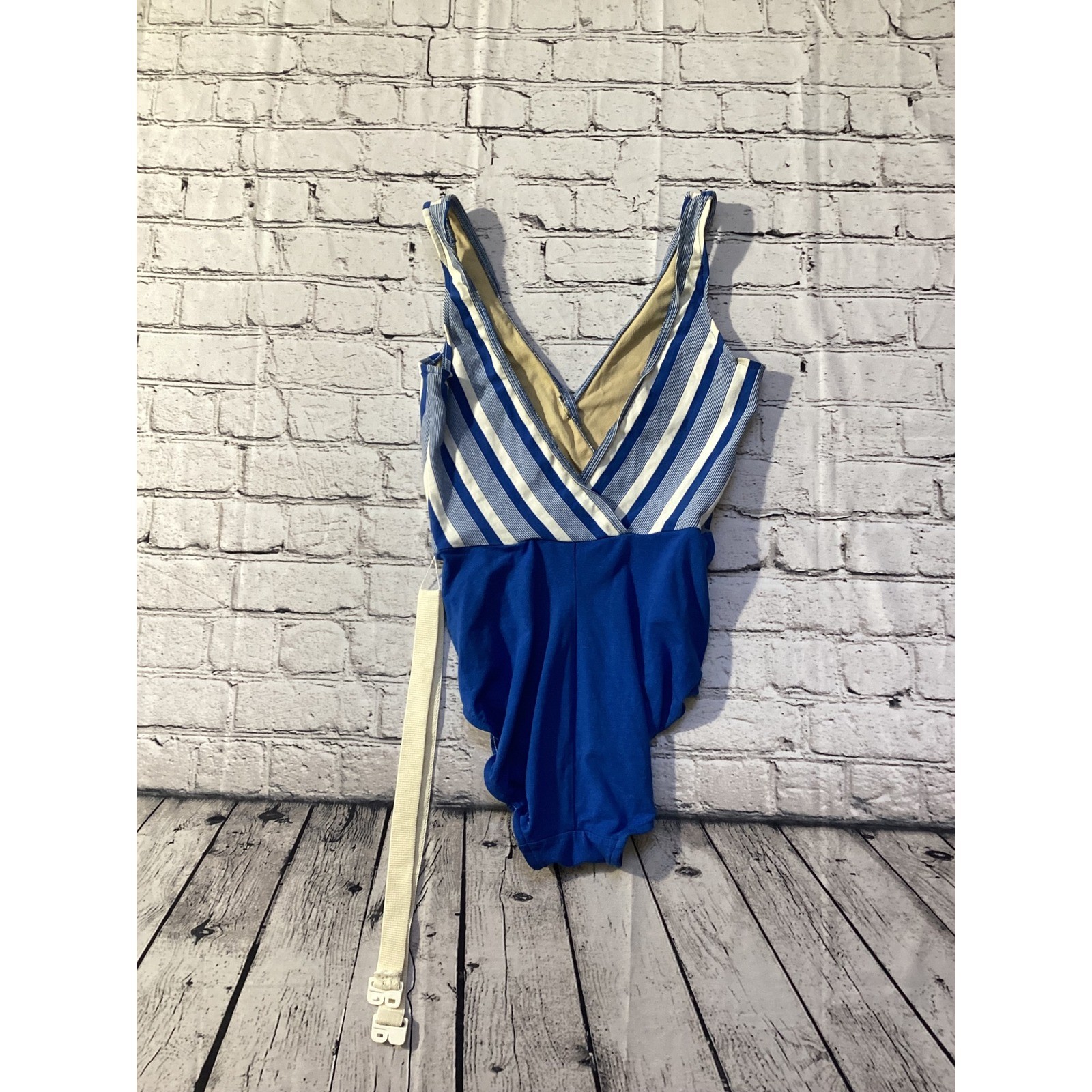 Vintage Cheryl Tiegs Sears Blue White Striped Belted One Piece Aerobic USA 12