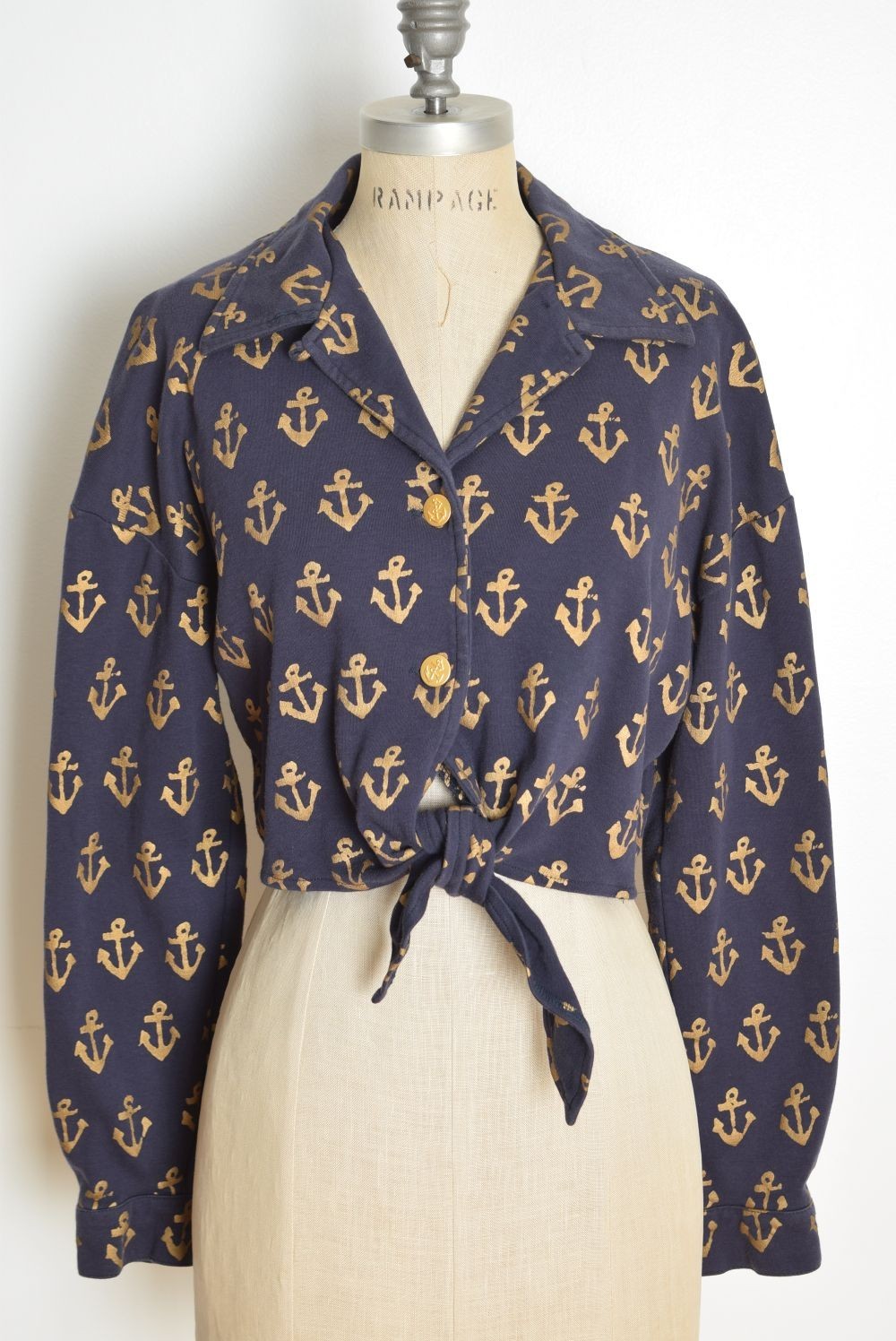 vintage 80s jacket top navy metallic gold anchor print nautical sailor L XL