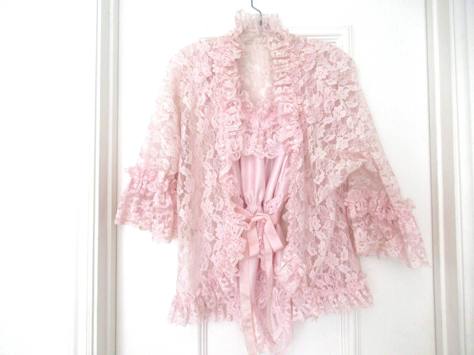 DELORES Poirette ILGWU Pink Silky Lace Teddy Romper Bodysuit Cover-up Small NEW