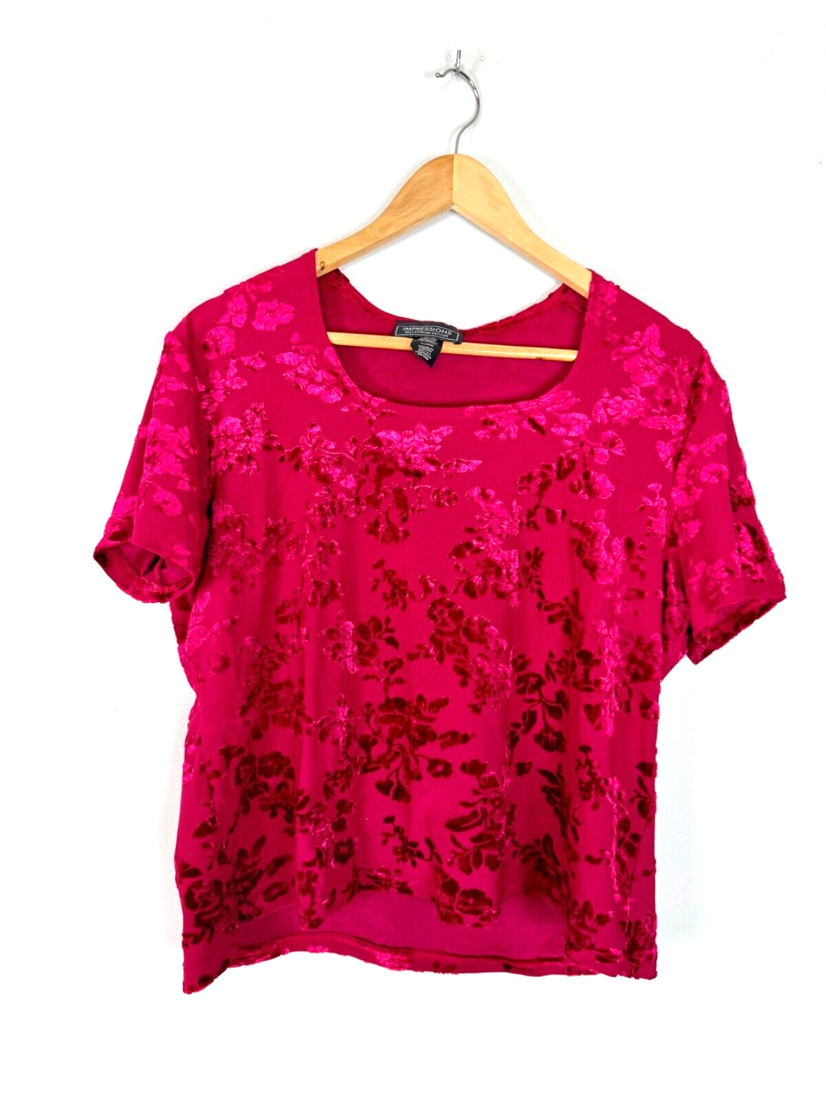 Vintage Impressions Red Velvet Embossed Floral Top, Size L/XL