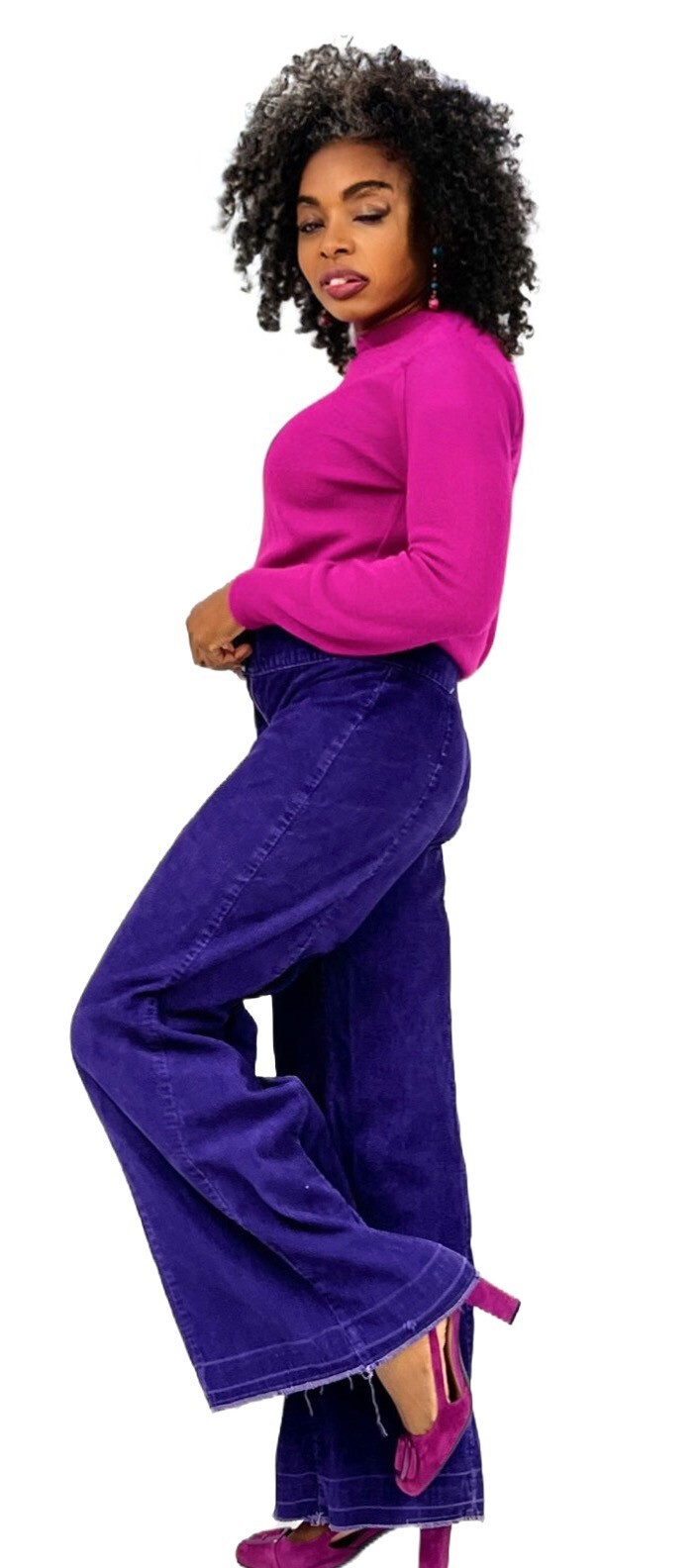 VTG 70s Purple Corduroy Bell Bottom Pants Wide Leg Low Rise Hip Hugger 28×31 XS