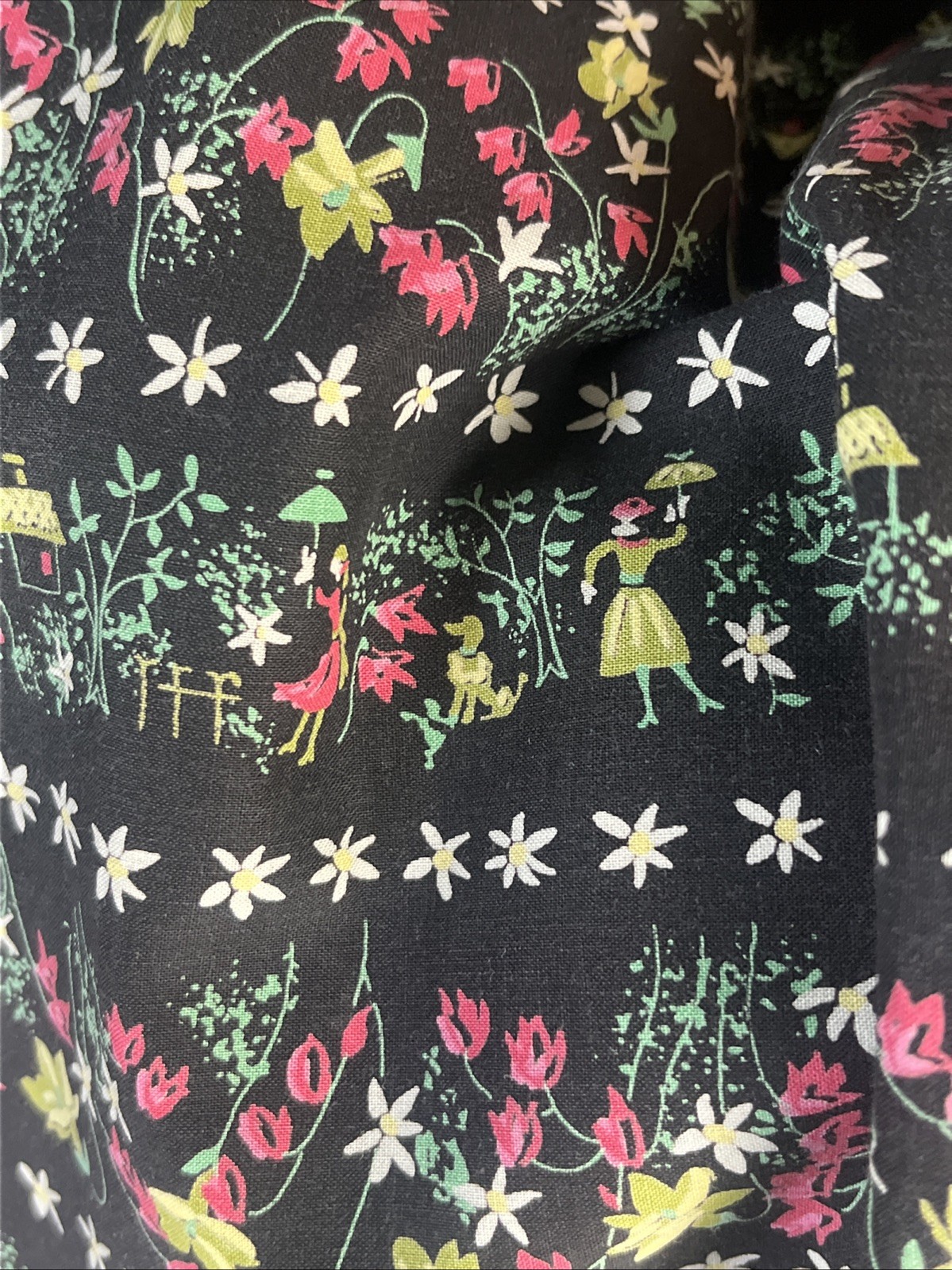 Vtg. 1950’s Full Day Dress Belted Pleated Skirt Novelty Folk Floral Print Sz S