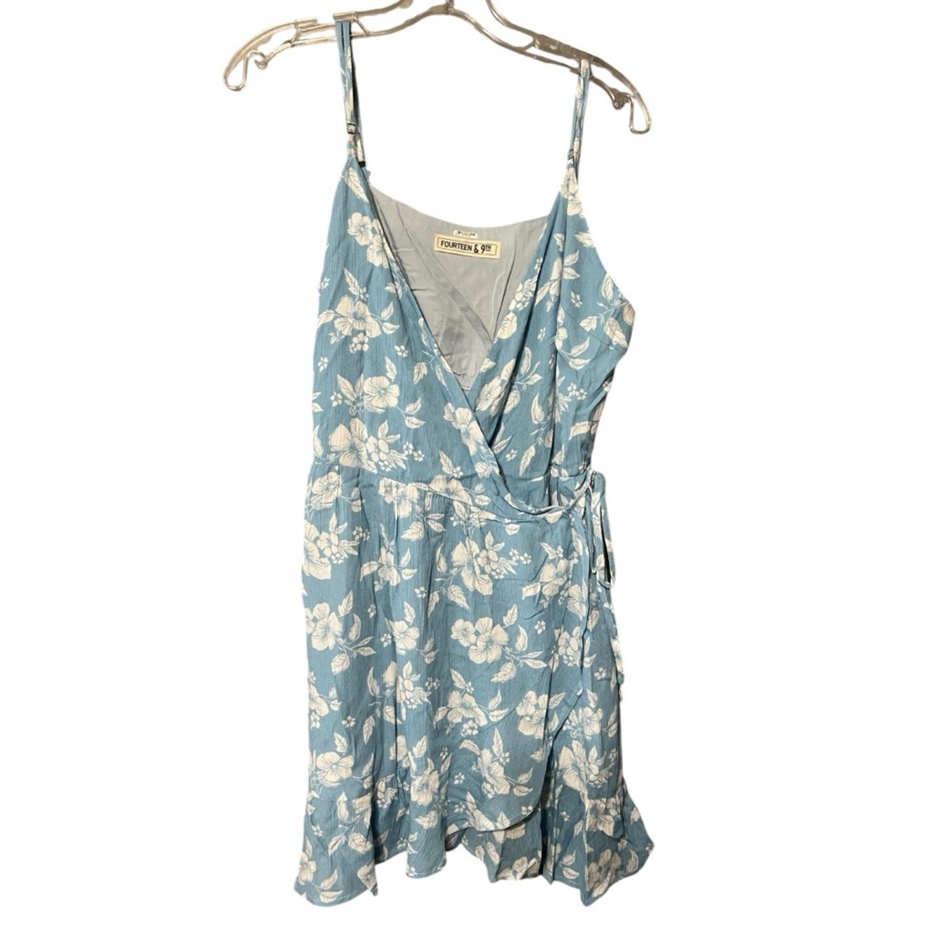 Fourteen & 9th Blue Floral Wrap Dress Ruffle Hem Sleeveless Size Large