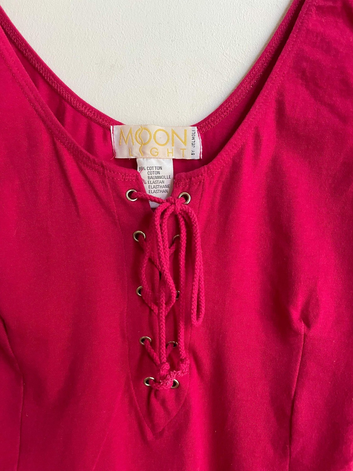 Pink feminine bodysuit, Fuchsia lace up vintage body, Sexy vibrant leotard, Vint