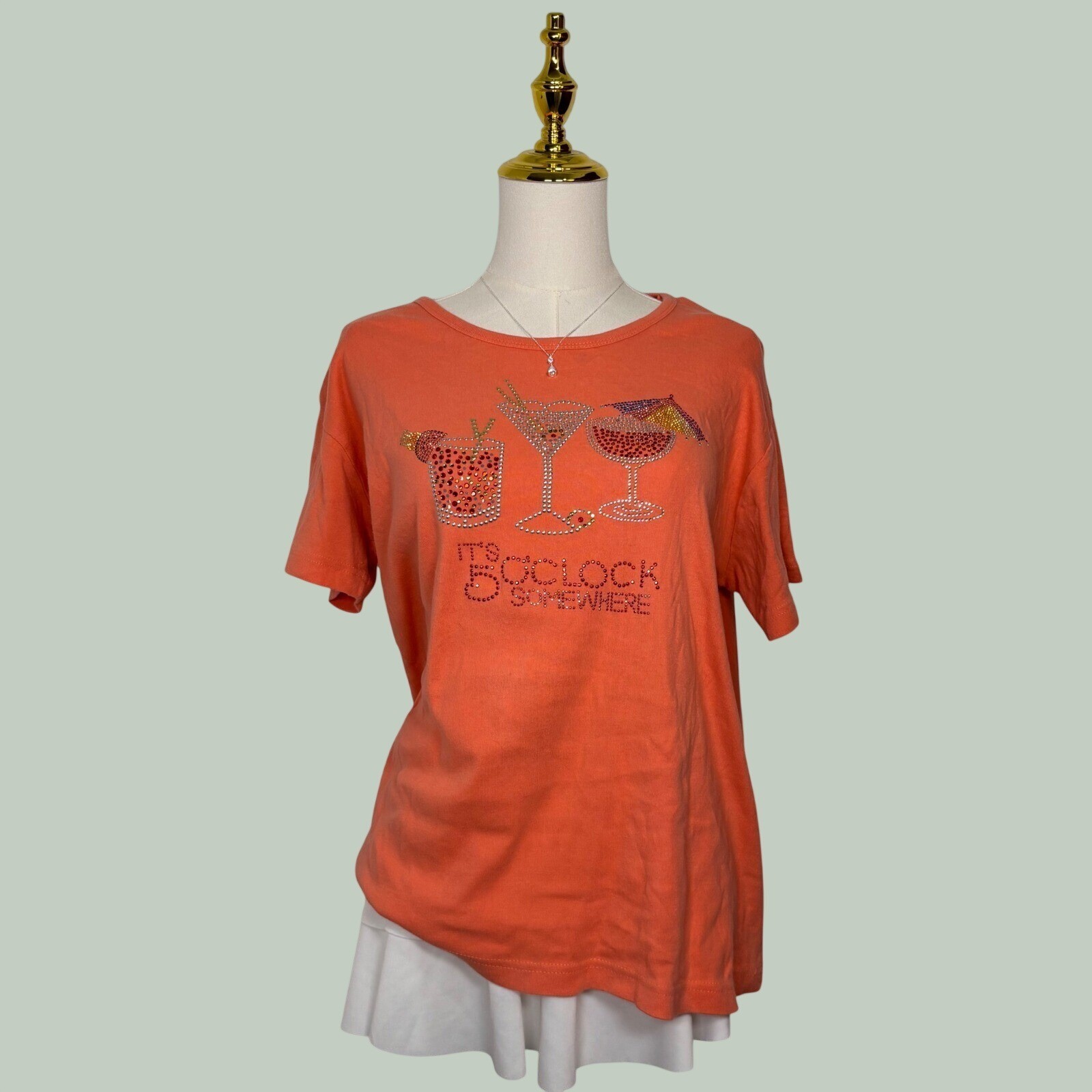 america casual pink coral its 5 o’clock somewhere bedazzled top dad core y2k