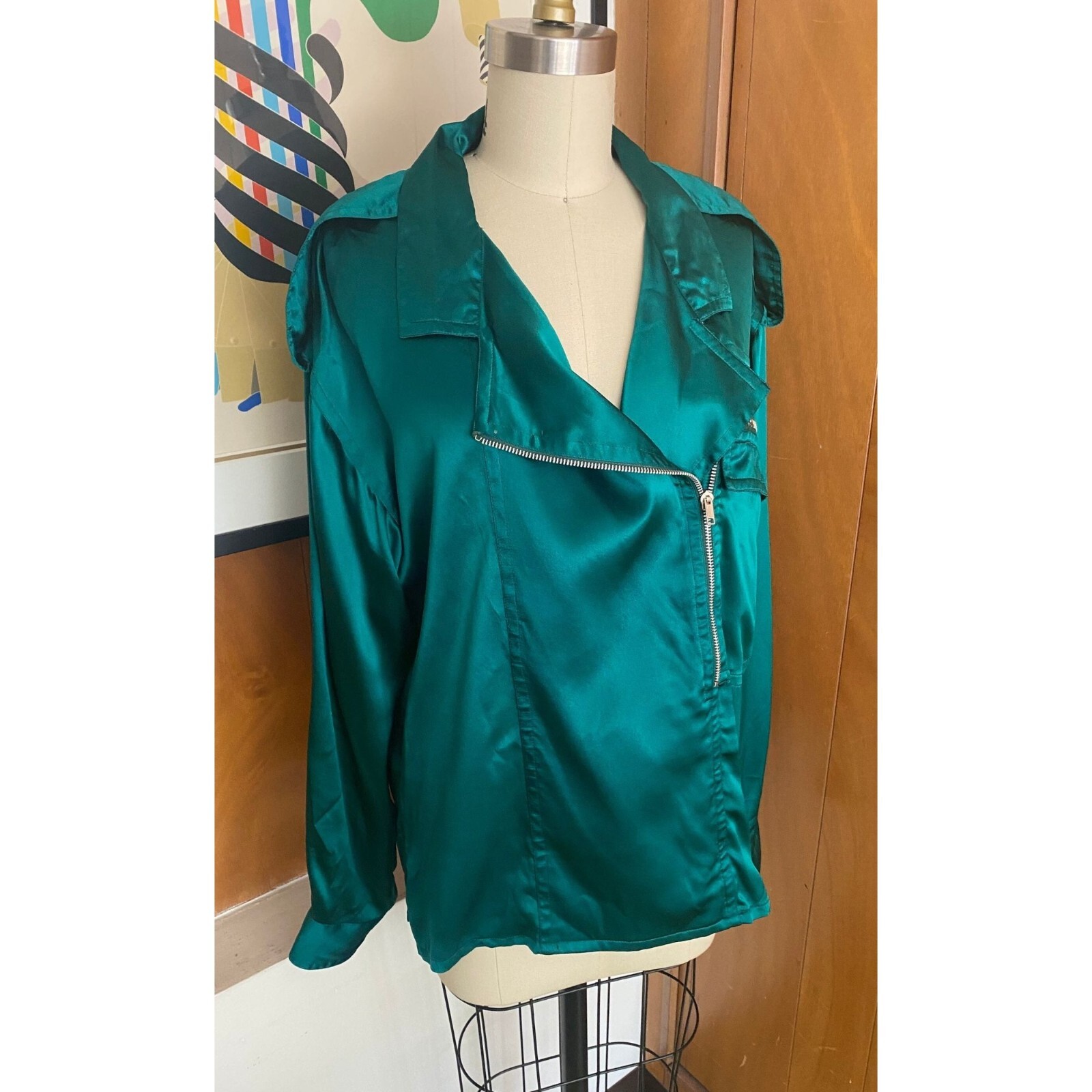 VTG Pancaldi & B Italy silk Blouse zipper S M Italy top emerald green