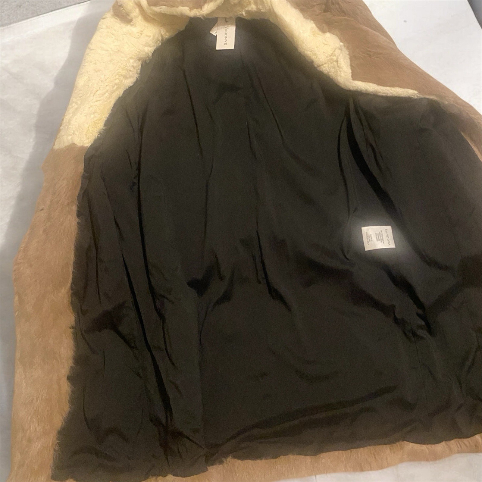 SANDOVA Vintage Brown Fur Coat Black Sleeves Cream Collar Women’s Regular