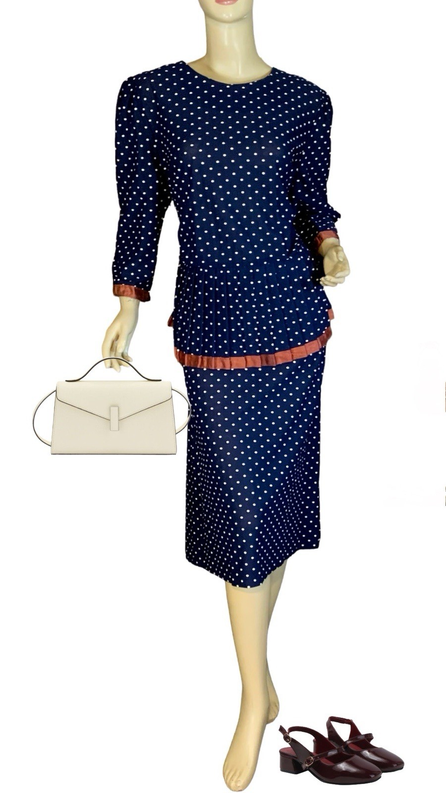 VINTAGE CIRCA 1980’S CARLY CIRCLE BLUE & CREAM POLKADOT PEPLUM DRESS SZ 18