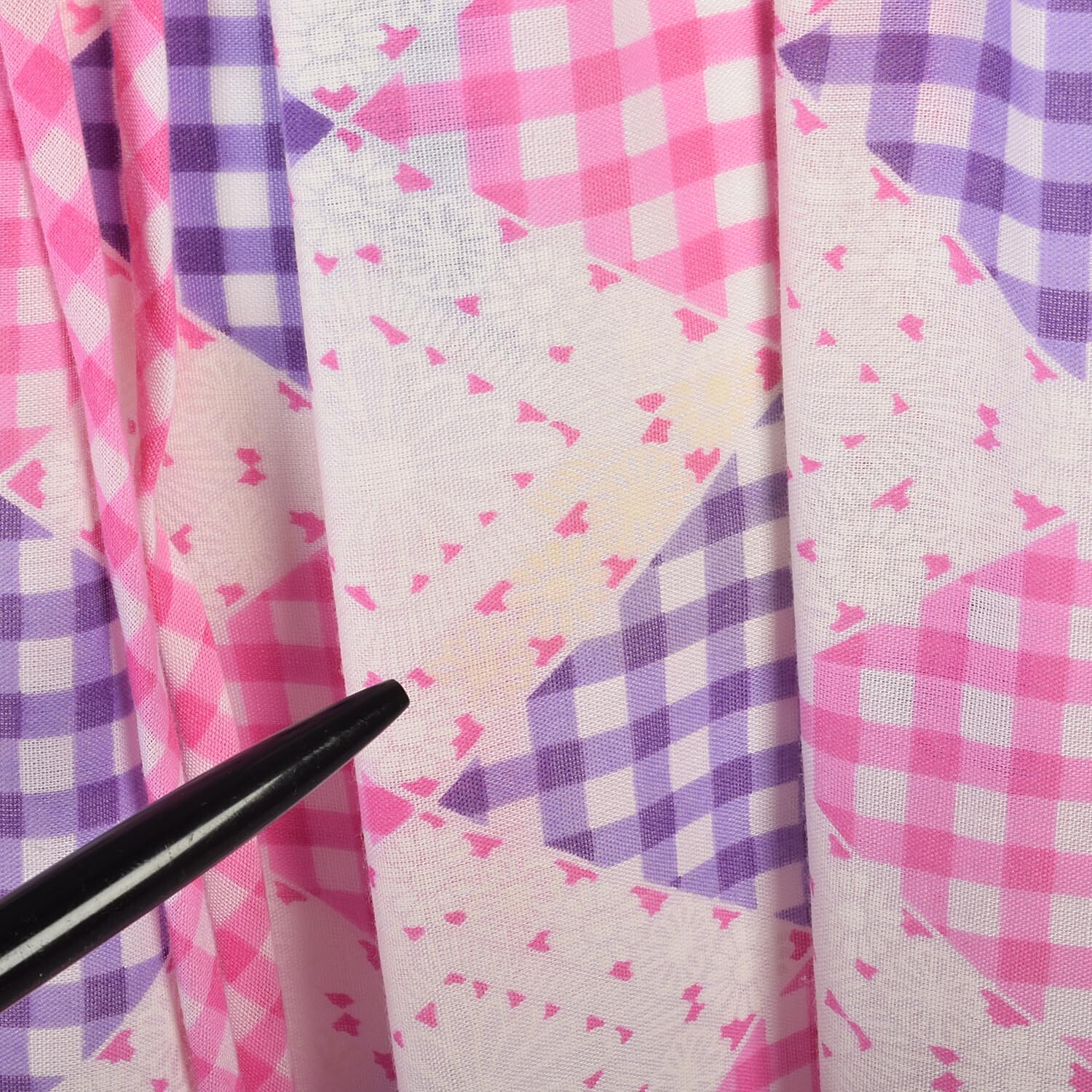1970s S/M Pink Purple White Gingham Dress Corset Lacing Long Gathered Sleeves