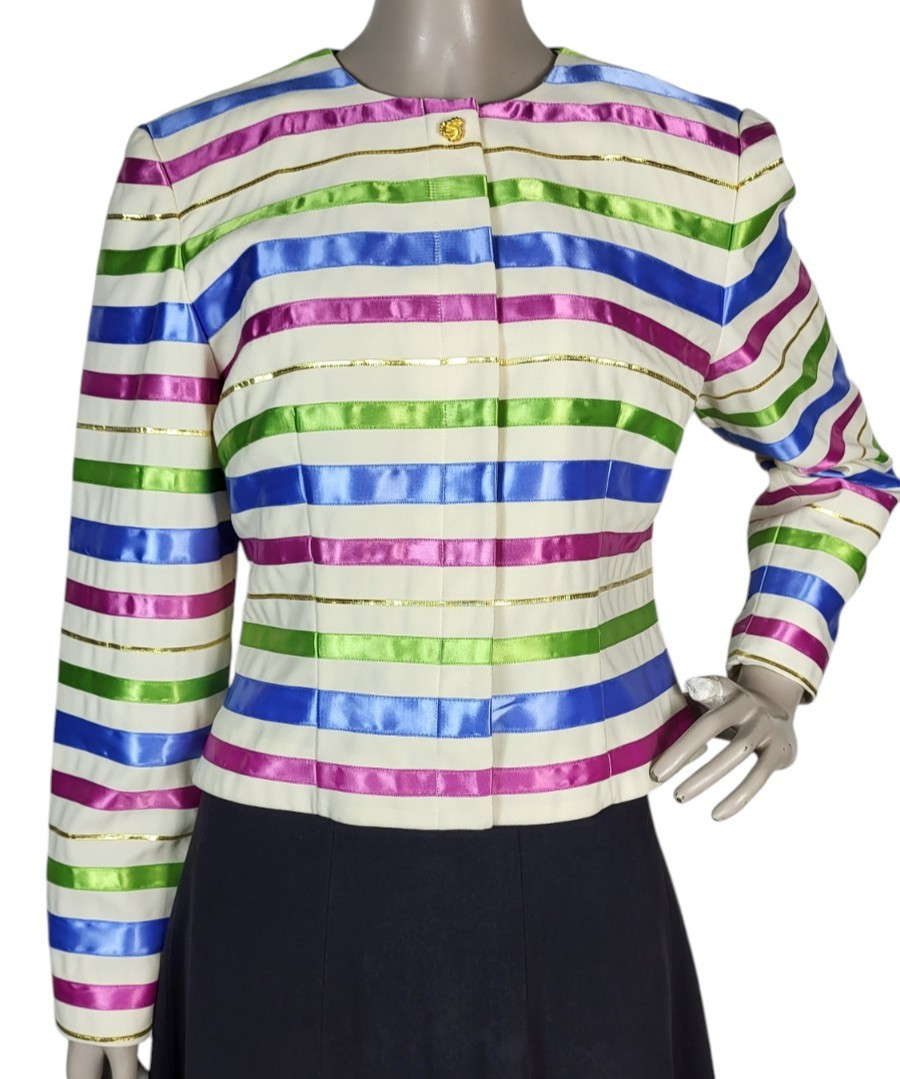 Vintage Satin Jewel Tone Metallic Ribbon Striped Blouse Jacket Maggy London
