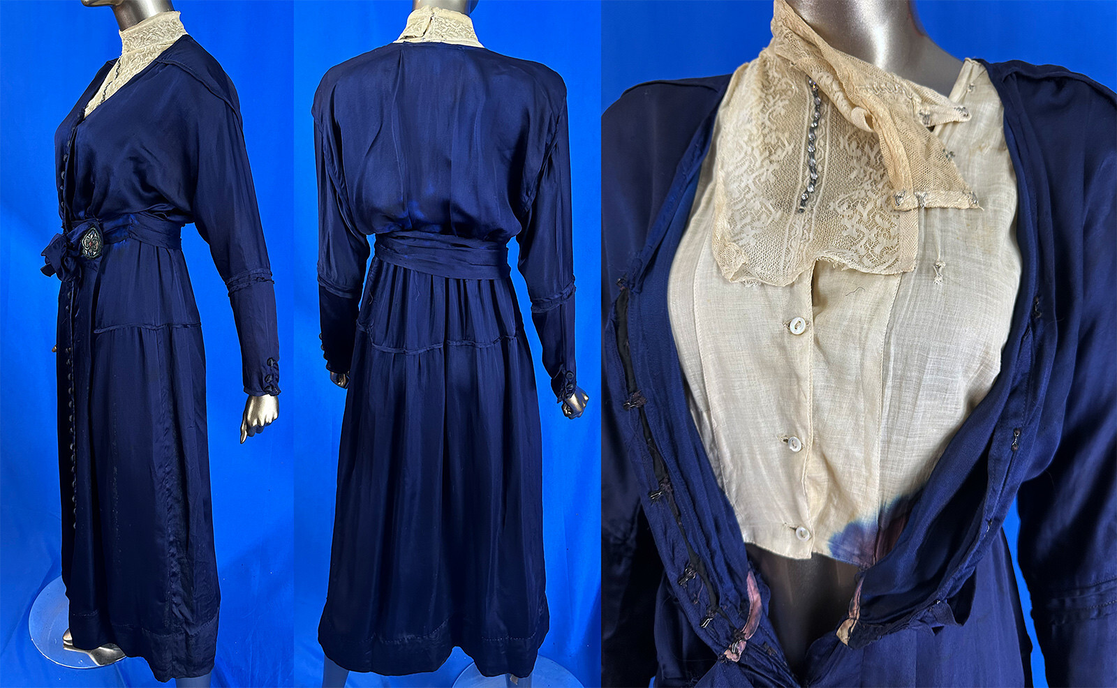 Edwardian Titanic Era Navy Blue Silk Button Trim Ivory Lace Yoke Belted Dress