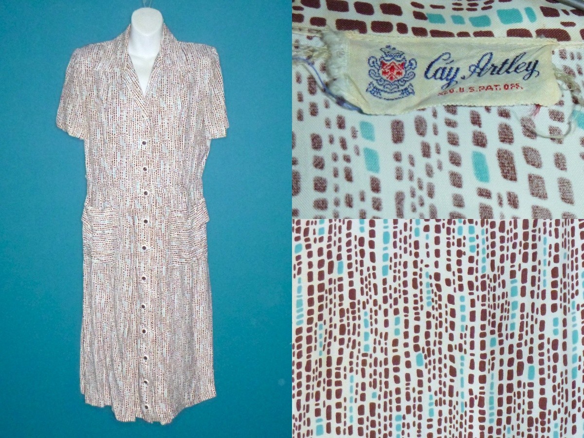 Vtg 40s 50s Cay Artley Rayon Shirt Dress Brown Aqua Geometric VOLUP Sz XL