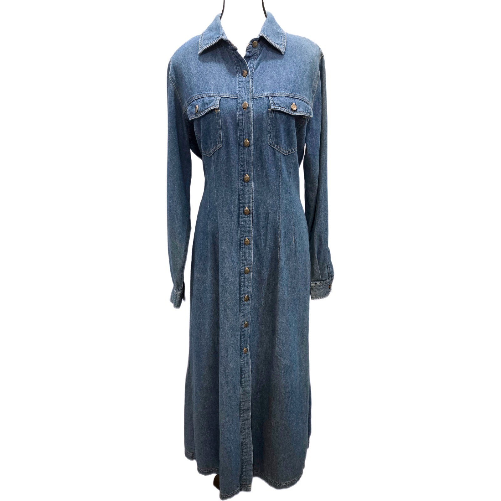Vintage 1990s Crazy Horse Denim Maxi Shirt Dress M Tall Blue Button Front Cotton