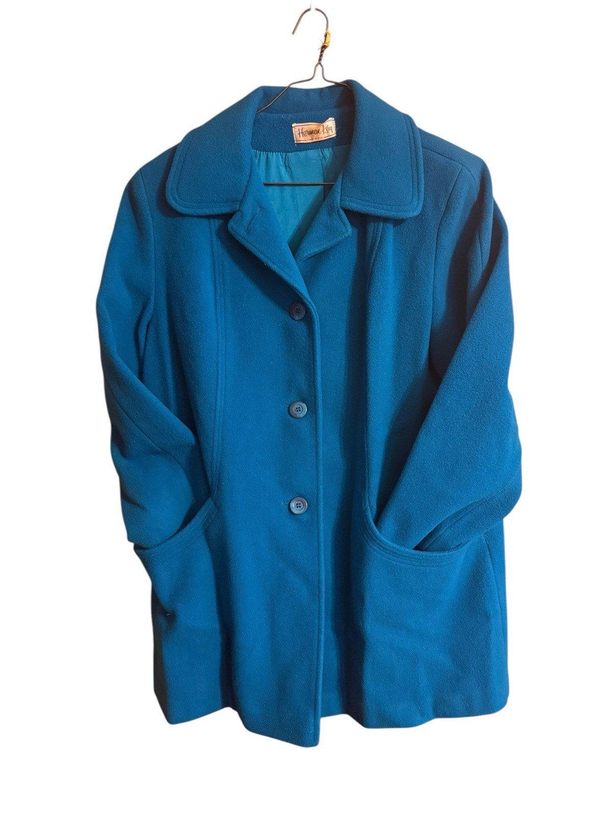 Vintage Teal Peacock Blue Car Coat Women’s XL/2X 80% Wool Satin Lined READ