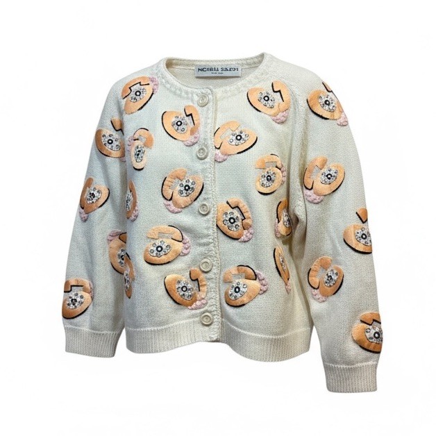 Vintage Michael Simon Sweater Women’s Small Telephone Applique Beaded Knit