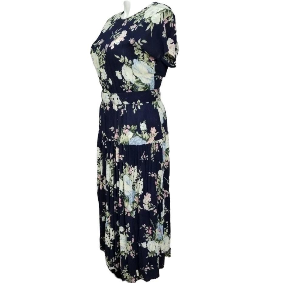 Vintage 90s Ansley Navy Blue Floral Maxi Dress Rayon Pleated Skirt Belted USA 12