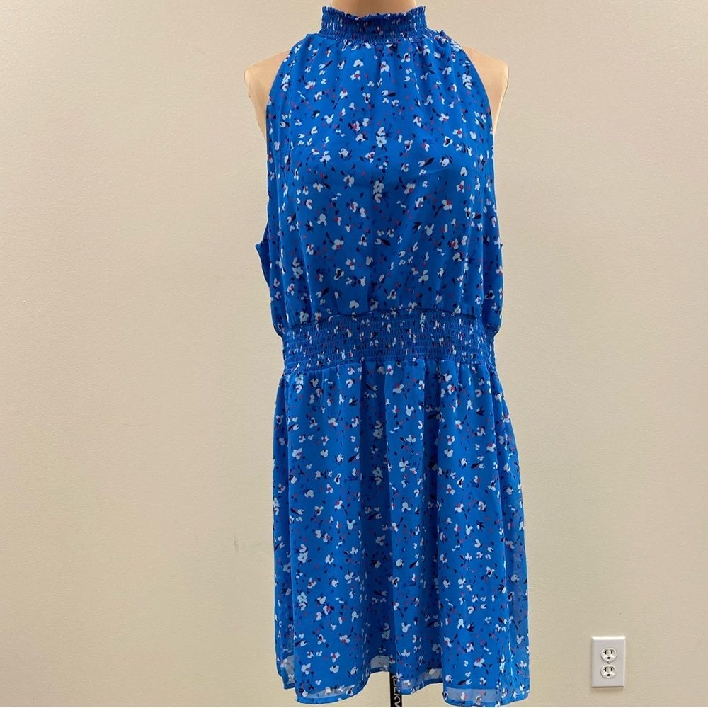 A New Day blue floral georgette mock neck smocked waist sleeveless mini dress
