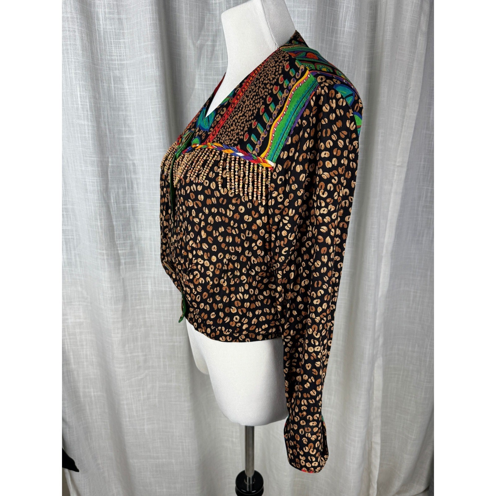 Carole Little Petites Vintage 90s Beaded Leopard Tropical Rayon Gauze Jacket 6